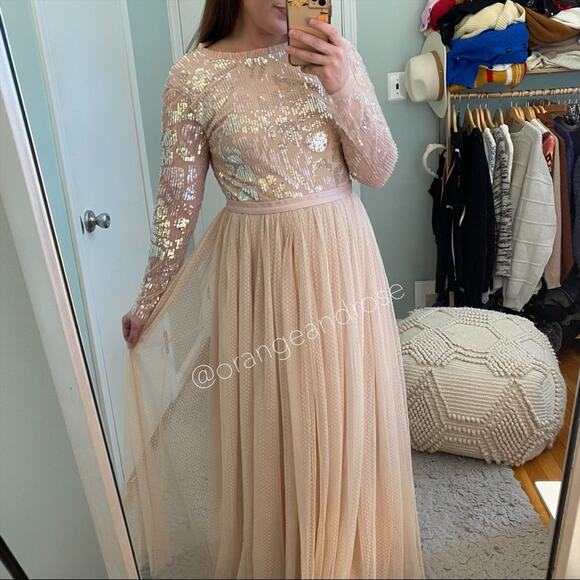 Needle & Thread Blush Pink Sequin Long Sleeve mesh Open Back Tulle Maxi Gown 6 - Picture 5 of 16